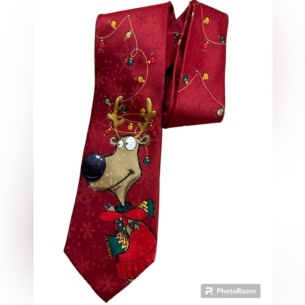 John Ashford Silk Christmas Themed Tie Comic Reindeer Christmas Lights Deep Red